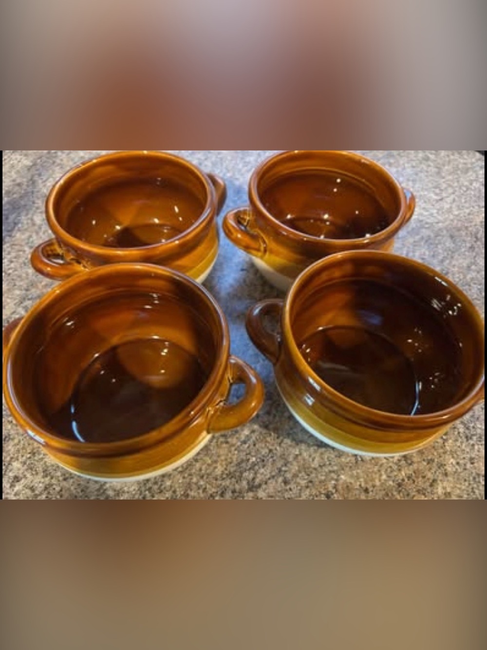 Set of 4 French Onion Soup Crocks Brown & Ivory Ceramic Porcelain Bowls